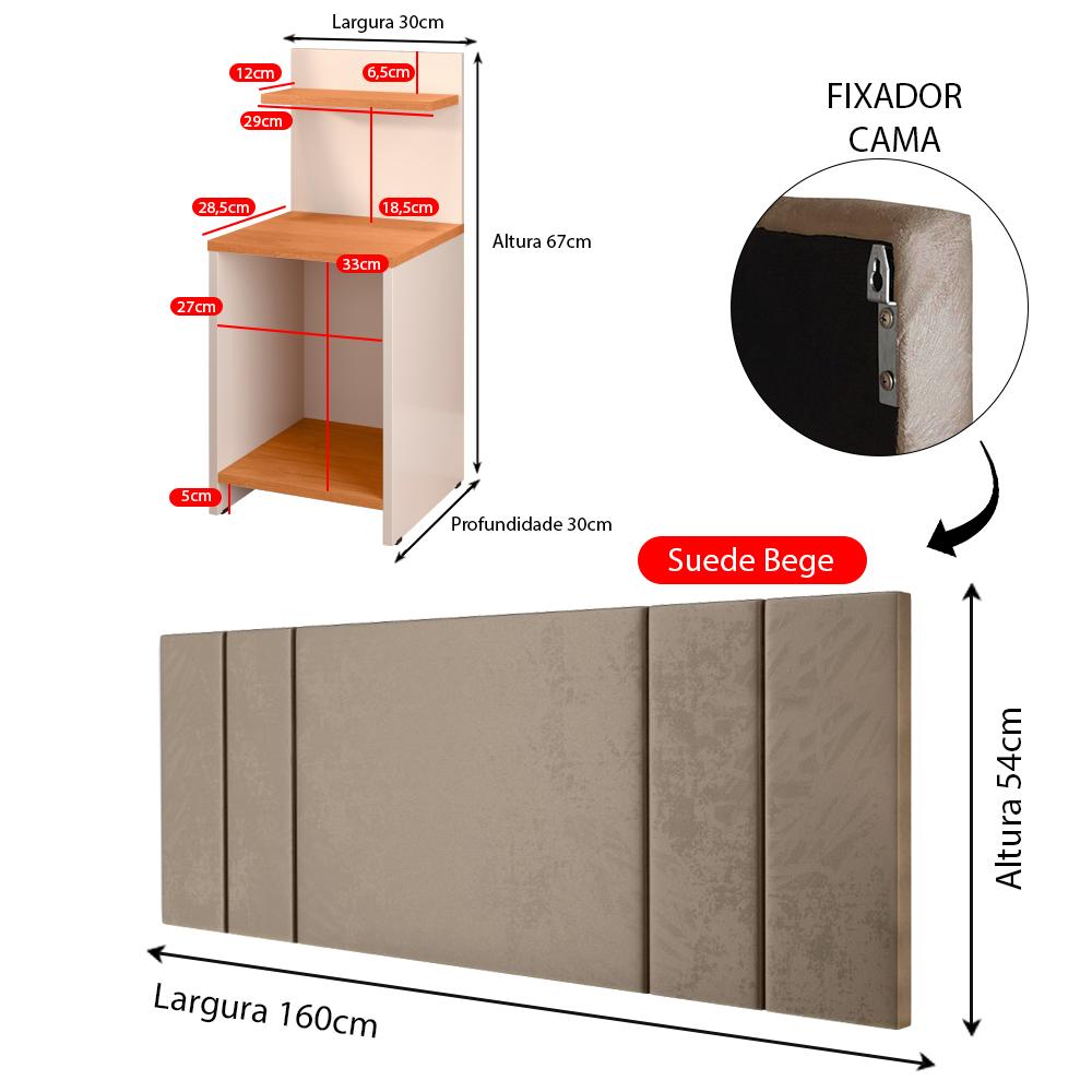 Jogo Quarto 2 Mesas Organizadora Fantasy Off White/Cinamomo Prateleira Nicho Cabeceira Luana Suspensa Cama Box Queen Size 1,60 Bege Suede - Lojas RPM