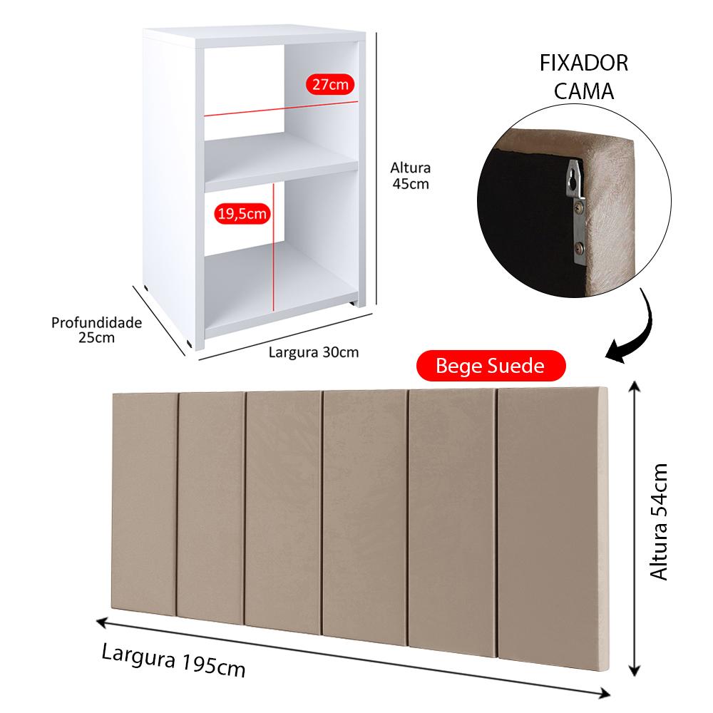Jogo Quarto 2 Mesas Pequena Bella Retrô Branco Cabeceira Suspensa Júlia 1,95 Cama Box Casal King Size Bege Suede - RPM