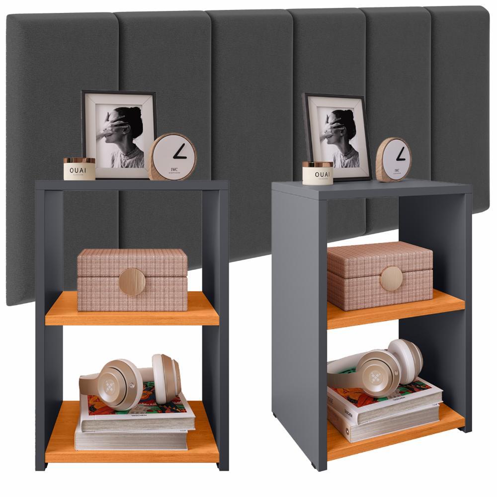 Jogo Quarto 2 Mesas Pequena Bella Retrô Cabeceira Suspensa Júlia 1,95 Cama Box Casal King Size Suede - Cinza/Cinamomo - RPM