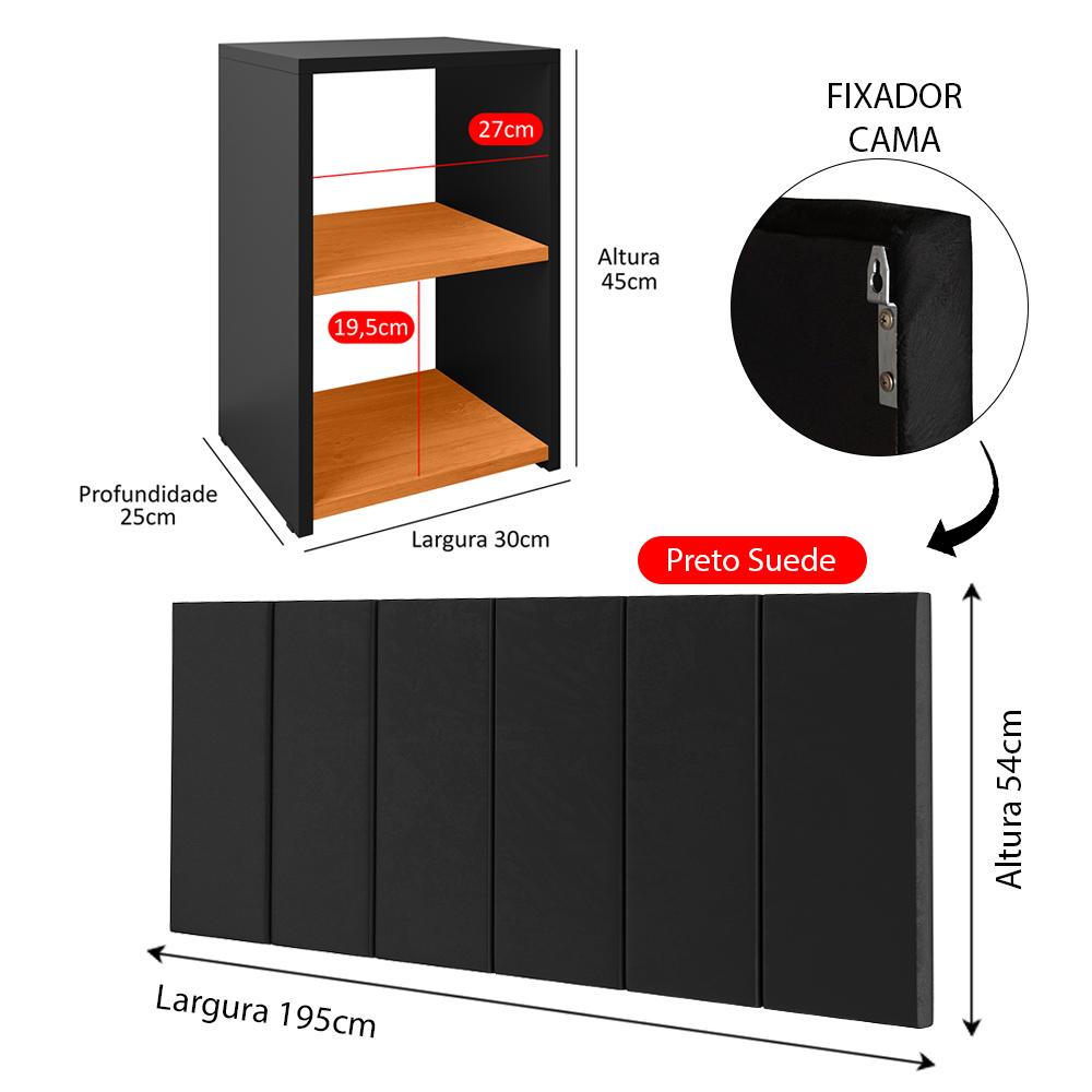 Jogo Quarto 2 Mesas Pequena Bella Retrô Cabeceira Suspensa Júlia 1,95 Cama Box Casal King Size Suede - Preto/Cinamomo - RPM