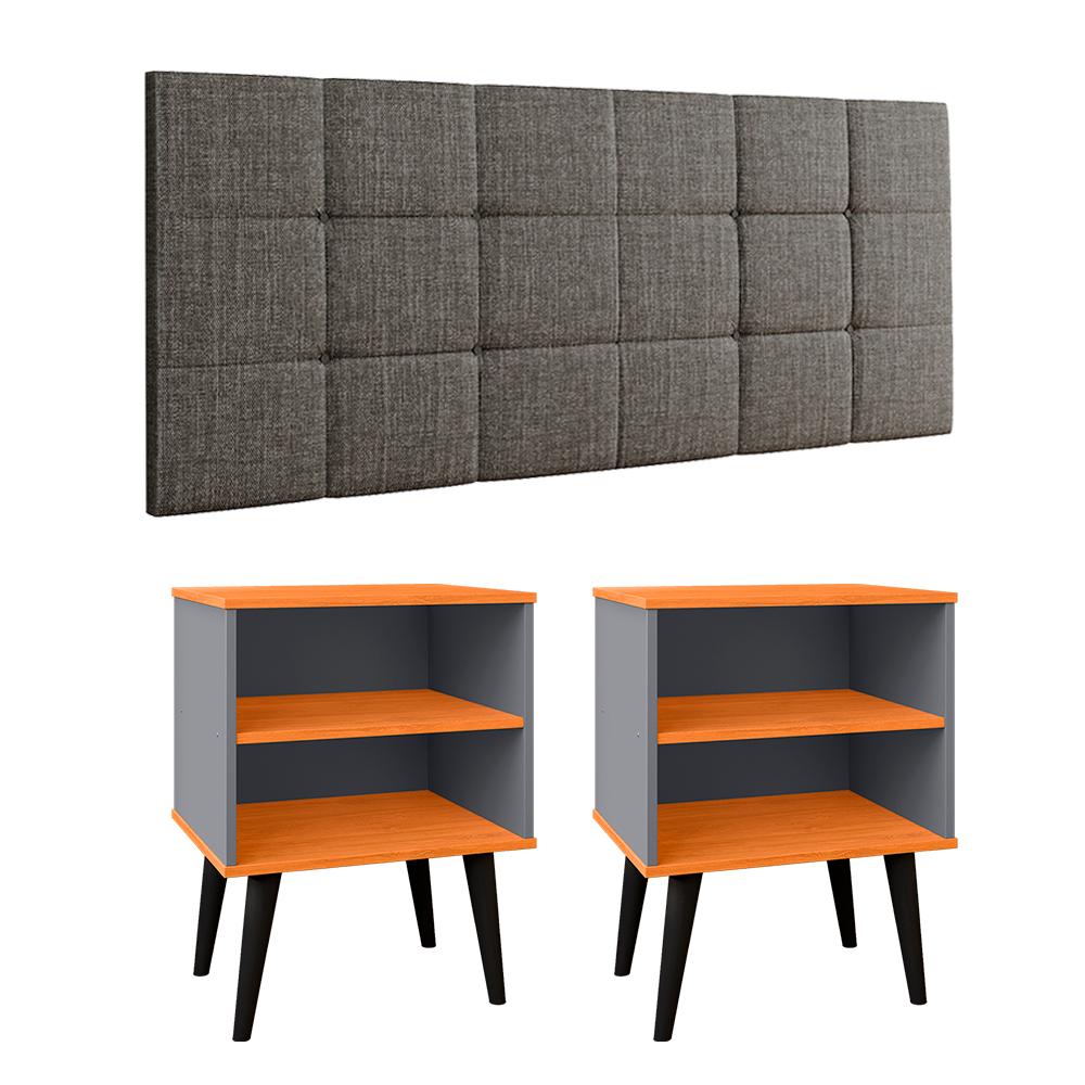 Jogo Quarto 2 Mesinhas Apoio Prateleira Pés Palito Retrô Cabeceira Modular Bia Estofado Linho Cama Box Casal 1,40 Cinza/Cinamomo- RPM