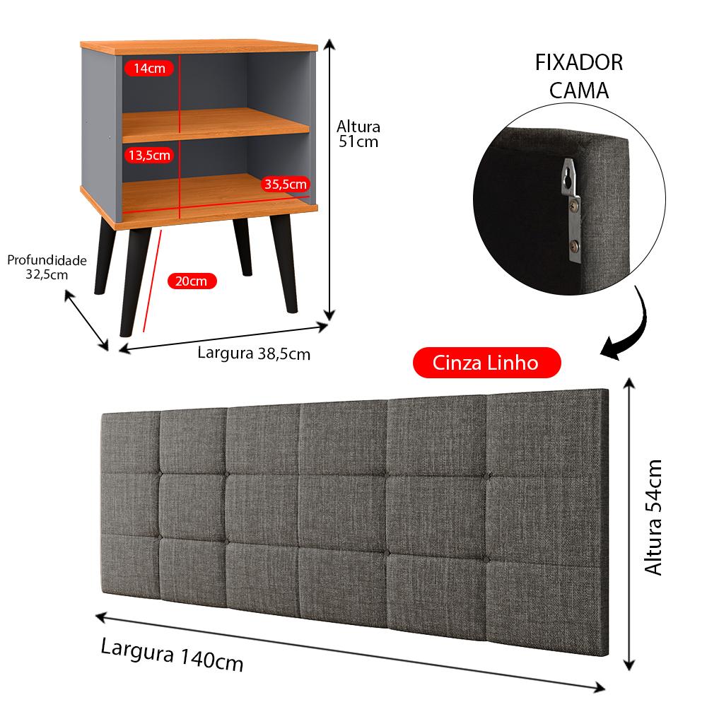 Jogo Quarto 2 Mesinhas Apoio Prateleira Pés Palito Retrô Cabeceira Modular Bia Estofado Linho Cama Box Casal 1,40 Cinza/Cinamomo- RPM