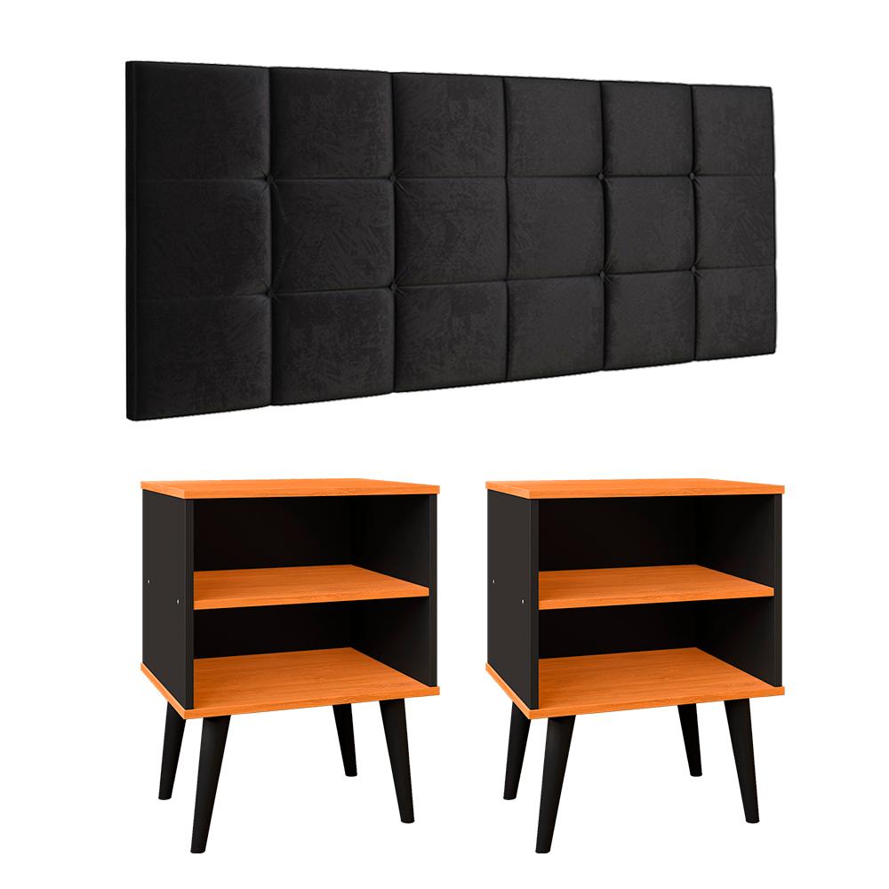 Jogo Quarto 2 Mesinhas Apoio Prateleira Pés Palito Retrô Cabeceira Modular Bia Estofado Suede Cama Box Casal 1,40 Preto/Cinamomo- RPM