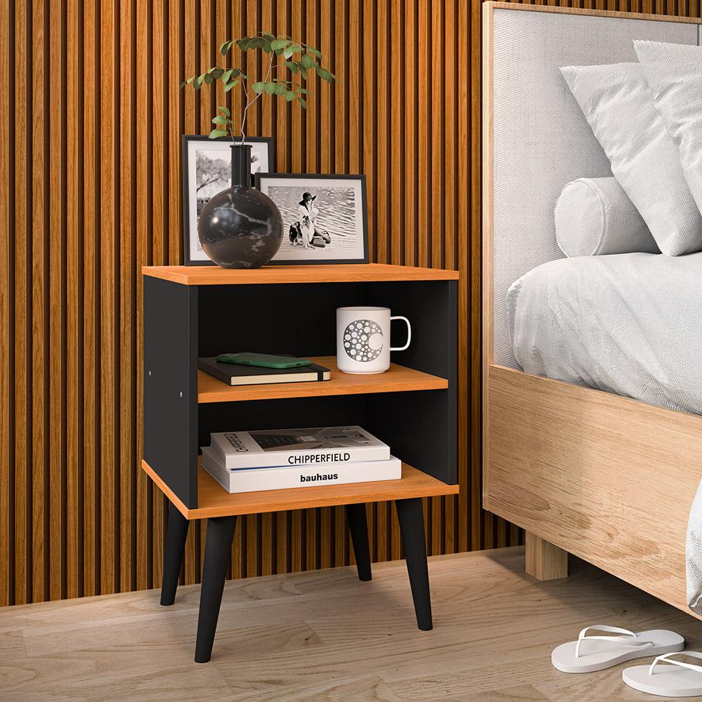 Jogo Quarto 2 Mesinhas Apoio Prateleira Pés Palito Retrô Cabeceira Modular Bia Estofado Suede Cama Box Casal 1,40 Preto/Cinamomo- RPM