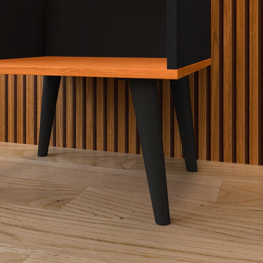 Jogo Quarto 2 Mesinhas Apoio Prateleira Pés Palito Retrô Cabeceira Modular Bia Estofado Suede Cama Box Casal 1,40 Preto/Cinamomo- RPM