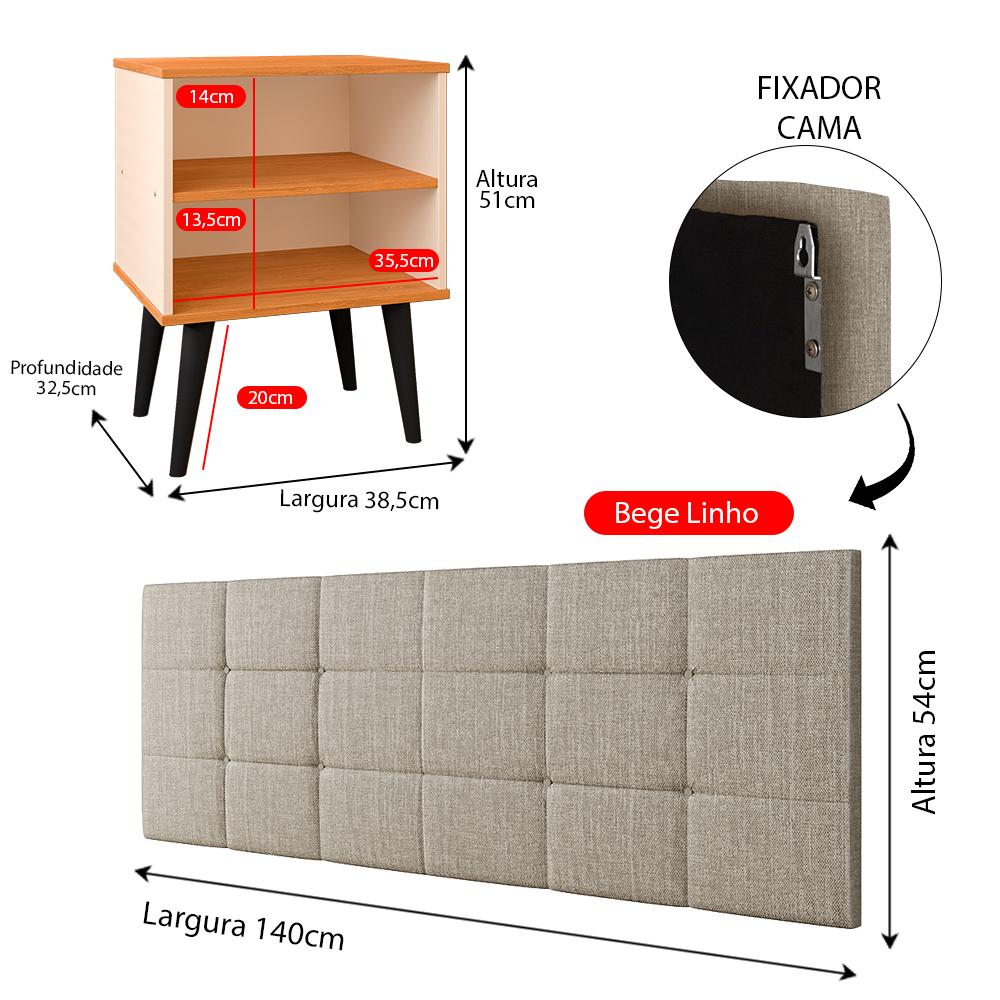 Jogo Quarto 2 Mesinhas Apoio Prateleira Pés Palito Retrô Off/Cinamomo Cabeceira Modular Bia Estofado Linho Cama Box Casal 1,40 Bege- RPM