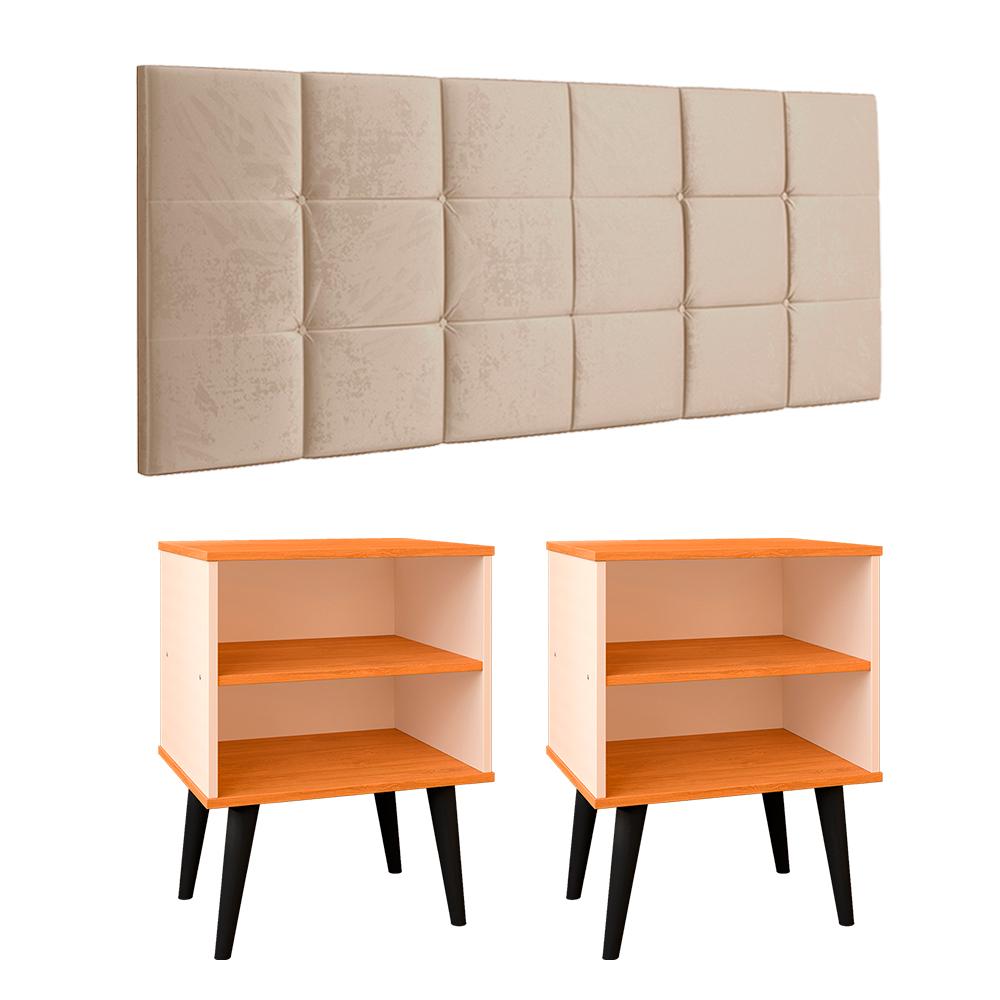 Jogo Quarto 2 Mesinhas Apoio Prateleira Pés Palito Retrô Off/Cinamomo Cabeceira Modular Bia Estofado Suede Cama Box Casal 1,40 Areia - RPM