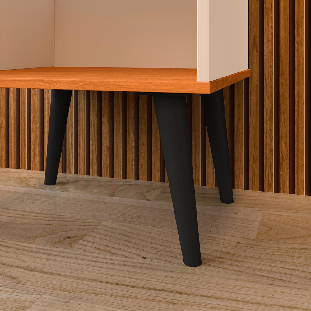 Jogo Quarto 2 Mesinhas Apoio Prateleira Pés Palito Retrô Off/Cinamomo Cabeceira Modular Bia Estofado Suede Cama Box Casal 1,40 Areia - RPM