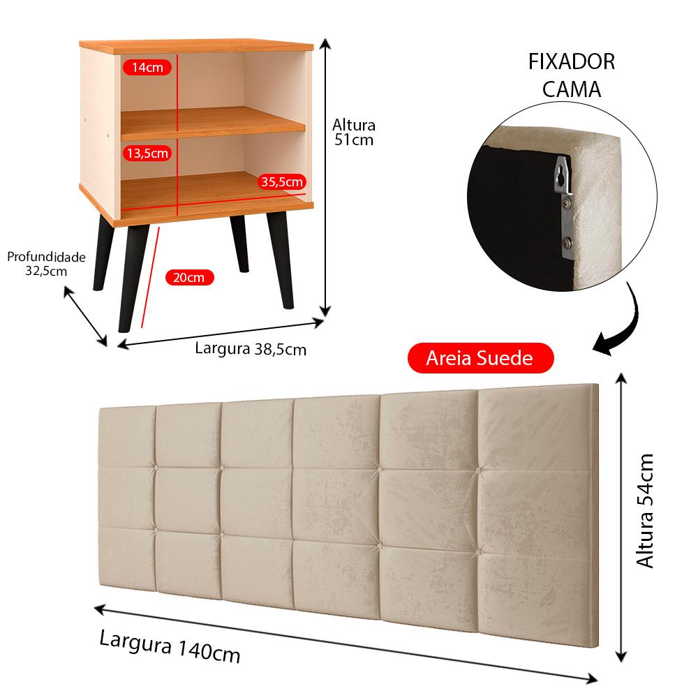 Jogo Quarto 2 Mesinhas Apoio Prateleira Pés Palito Retrô Off/Cinamomo Cabeceira Modular Bia Estofado Suede Cama Box Casal 1,40 Areia - RPM