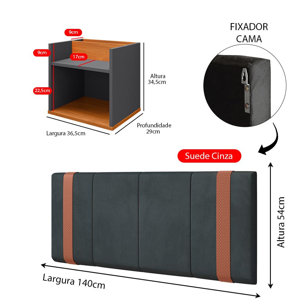 Jogo Quarto Casal 2 Mesas Cabeceira Suspensa Madri Divisória Superior Cinza/Cinamomo Painel Estofado Parise Cama Box 1,40 Suede - Lojas RPM