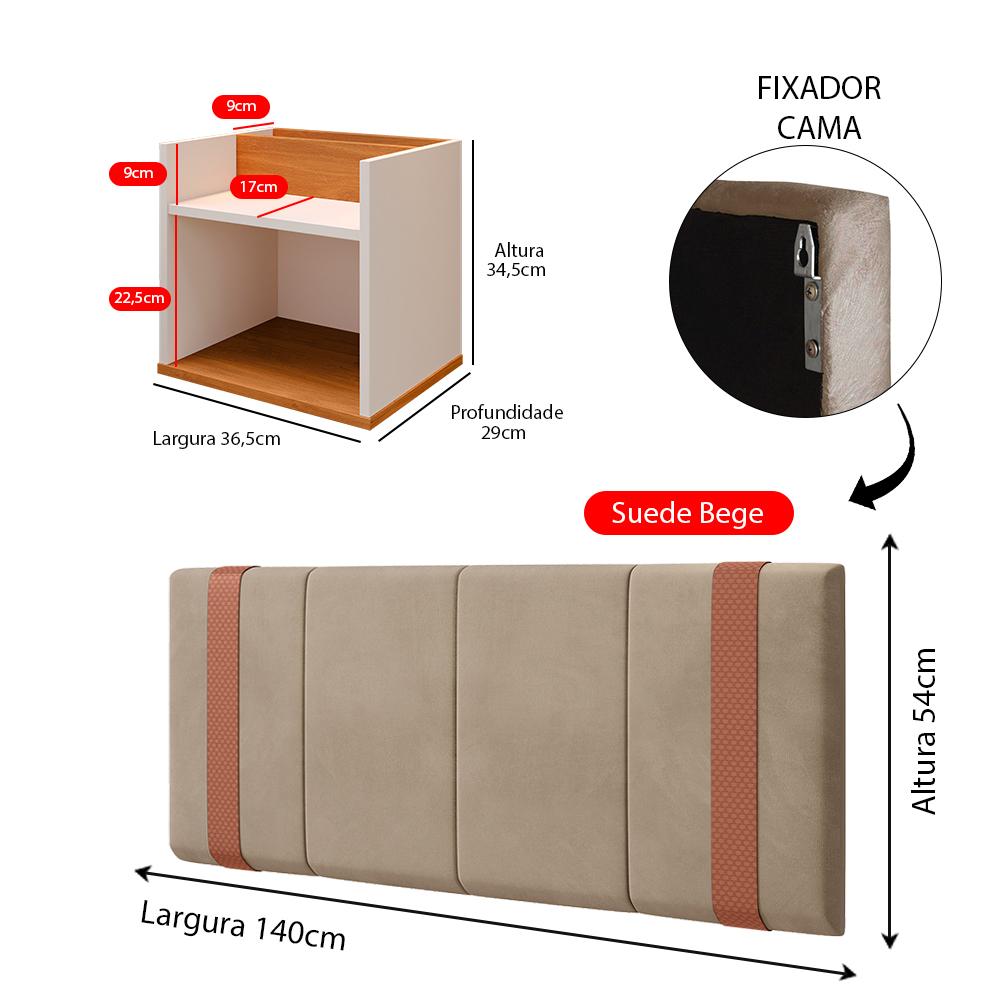 Jogo Quarto Casal 2 Mesas Cabeceira Suspensa Madri Divisória Superior Off White/Cinamomo Painel Estofado Parise Cama Box 1,40 Bege Suede - Lojas RPM
