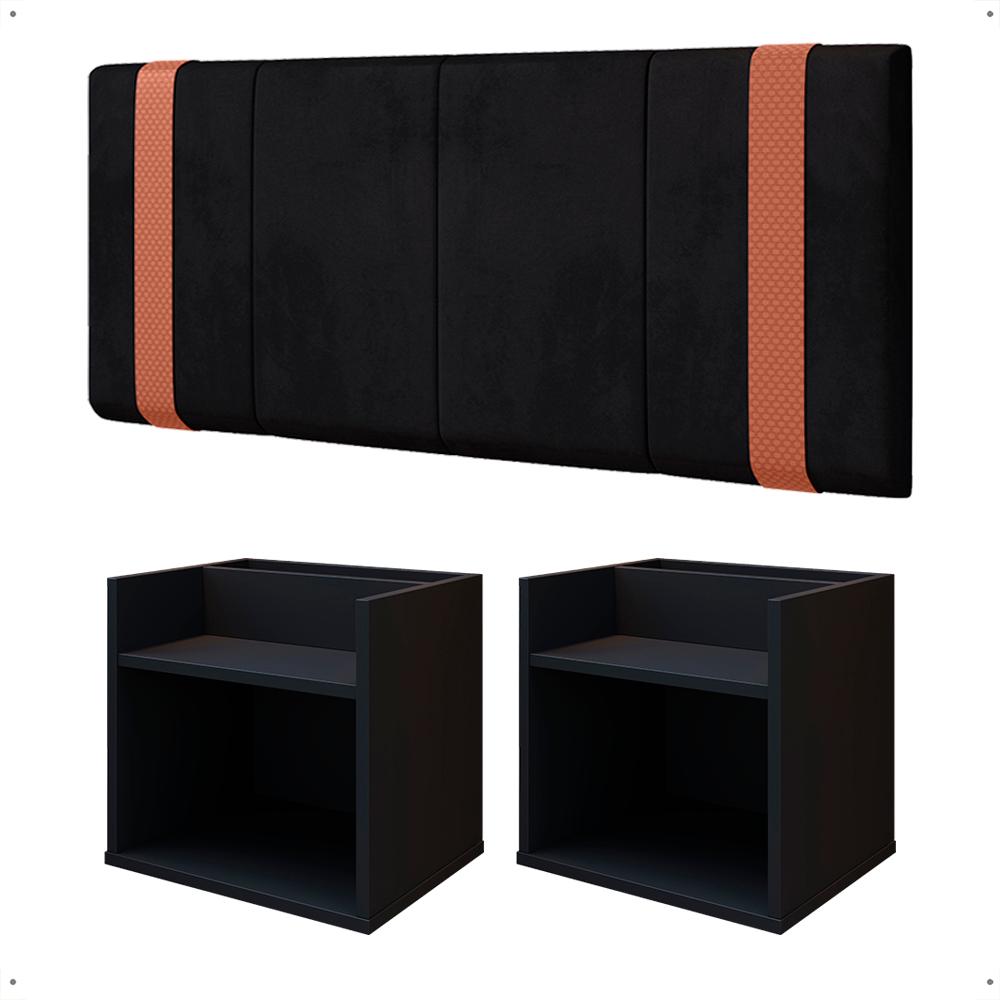 Jogo Quarto Casal 2 Mesas Cabeceira Suspensa Madri Divisória Superior Preto Painel Estofado Parise Cama Box 1,40 Suede - Lojas RPM