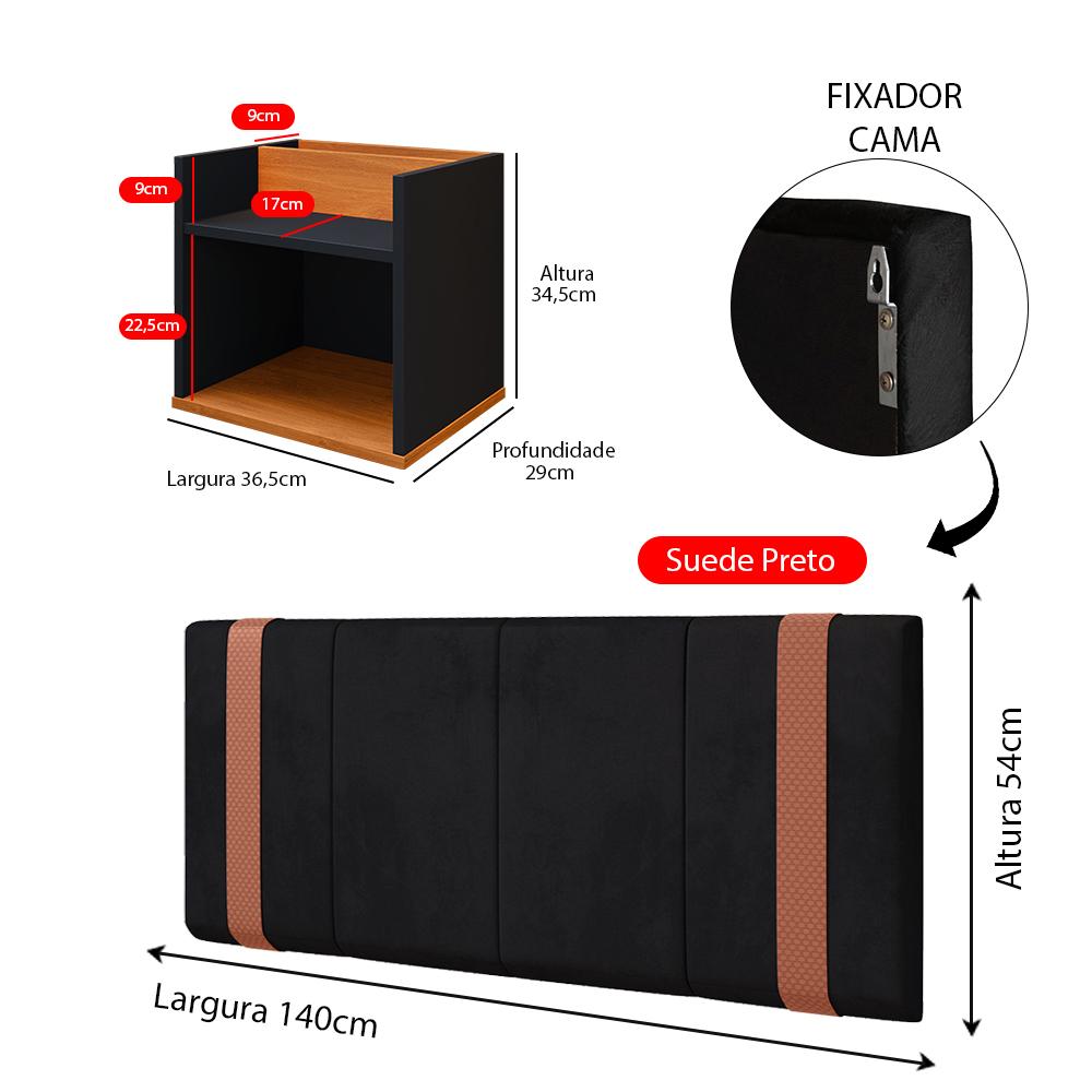 Jogo Quarto Casal 2 Mesas Cabeceira Suspensa Madri Divisória Superior Preto/Cinamomo Painel Estofado Parise Cama Box 1,40 Suede - Lojas RPM