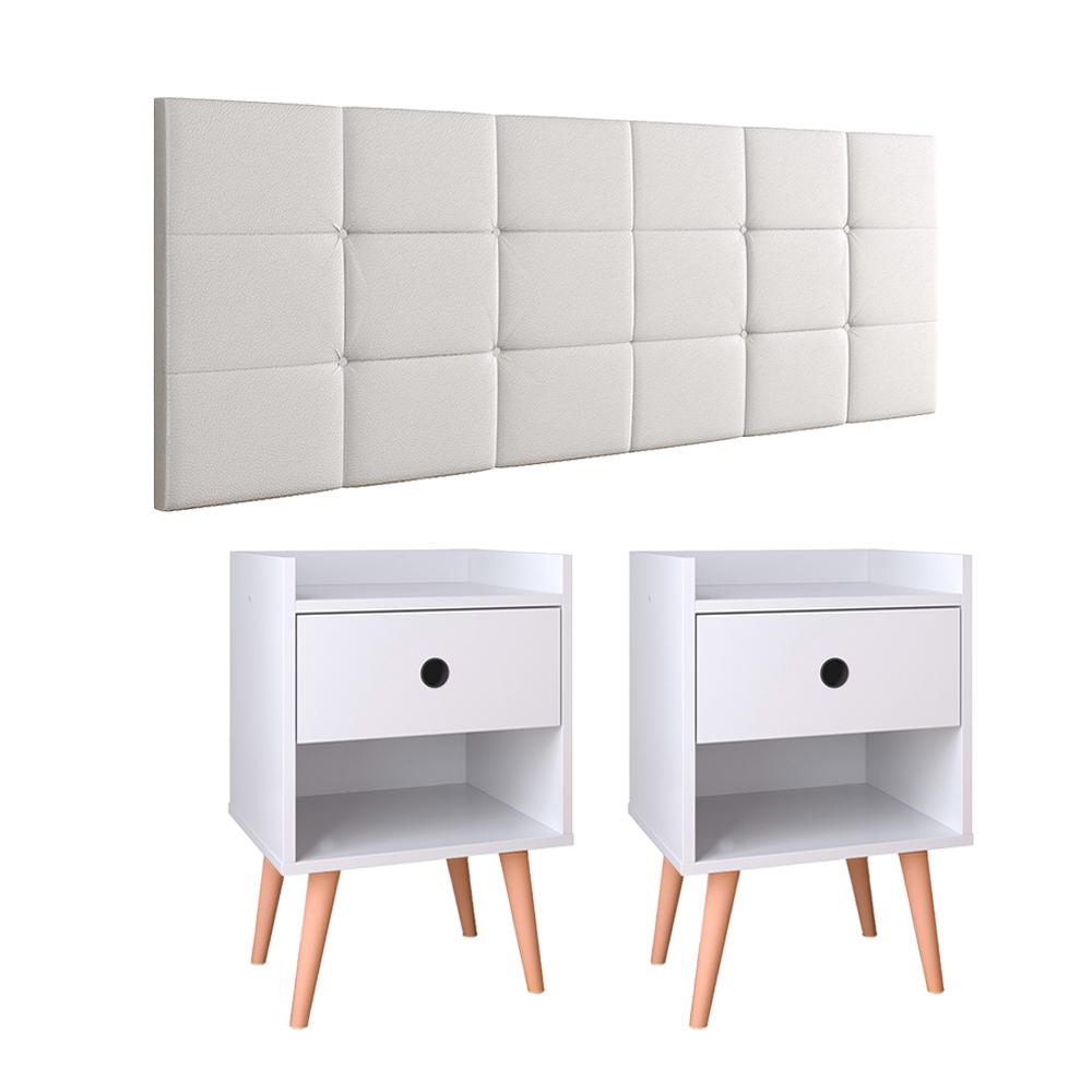 KKit 2 Mesinhas Decore Nicho Porta Objetos Pés Palito Cabeceira Suspensa Bia Cama Box King 1,95 Branco Corino - Lojas RPM