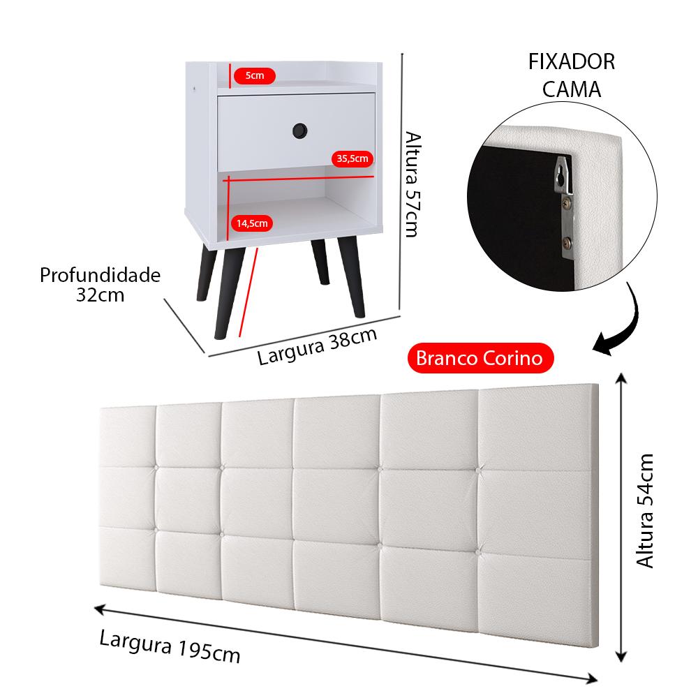KKit 2 Mesinhas Decore Nicho Porta Objetos Pés Palito Cabeceira Suspensa Bia Cama Box King 1,95 Branco Corino - Lojas RPM