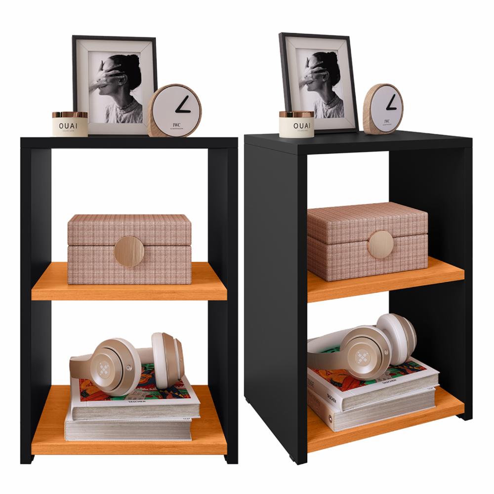 Kit 2 Mesa de Cabeceira Pequena Mesinha Prateleira Lateral Cama Box Casal Criado Retrô Quarto Bella - Preto/Cinamomo - RPM