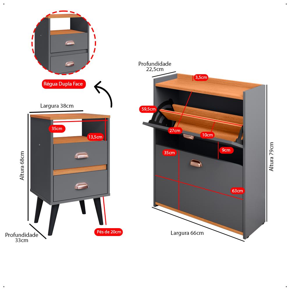 Kit 2 Mesas Cabeceira Classic Nicho Organizador Sapateira Gavetas Basculante Porta 12 Pares Calçados Closet Cinza/Cinamomo - Lojas RPM