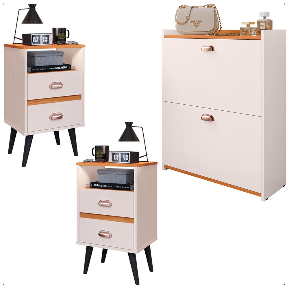 Kit 2 Mesas Cabeceira Classic Nicho Organizador Sapateira Gavetas Basculante Porta 12 Pares Calçados Closet Off White/Cinamomo - Lojas RPM