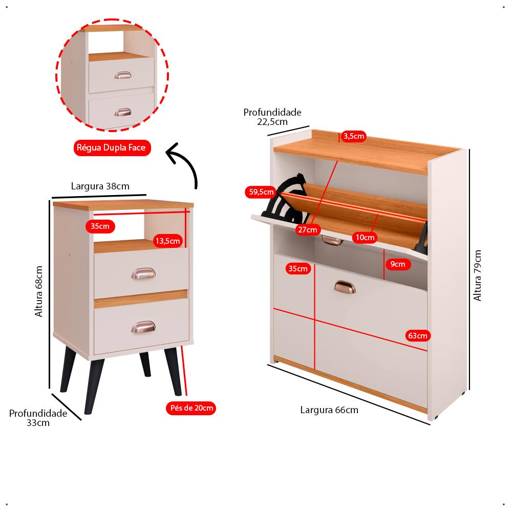Kit 2 Mesas Cabeceira Classic Nicho Organizador Sapateira Gavetas Basculante Porta 12 Pares Calçados Closet Off White/Cinamomo - Lojas RPM