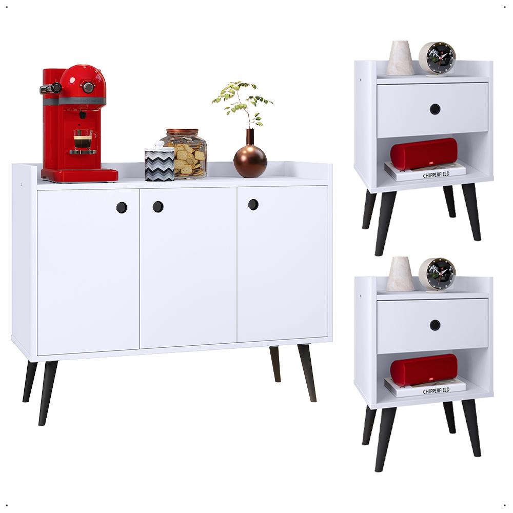 Kit 2 Mesas Cabeceira Decore Mesinha Gaveta Nicho Aparador Buffet Wood New Branco Retrô Pés Palito - Lojas RPM
