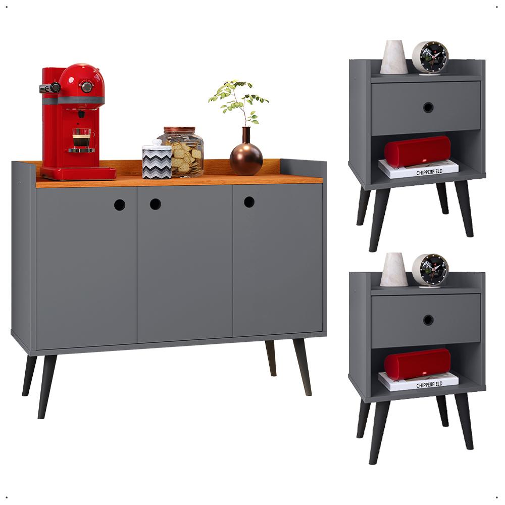 Kit 2 Mesas Cabeceira Decore Mesinha Gaveta Nicho Aparador Buffet Wood New Cinza/Cinamomo Retrô Pés Palito - Lojas RPM