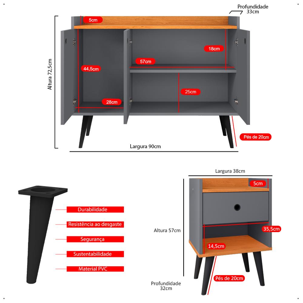 Kit 2 Mesas Cabeceira Decore Mesinha Gaveta Nicho Aparador Buffet Wood New Cinza/Cinamomo Retrô Pés Palito - Lojas RPM