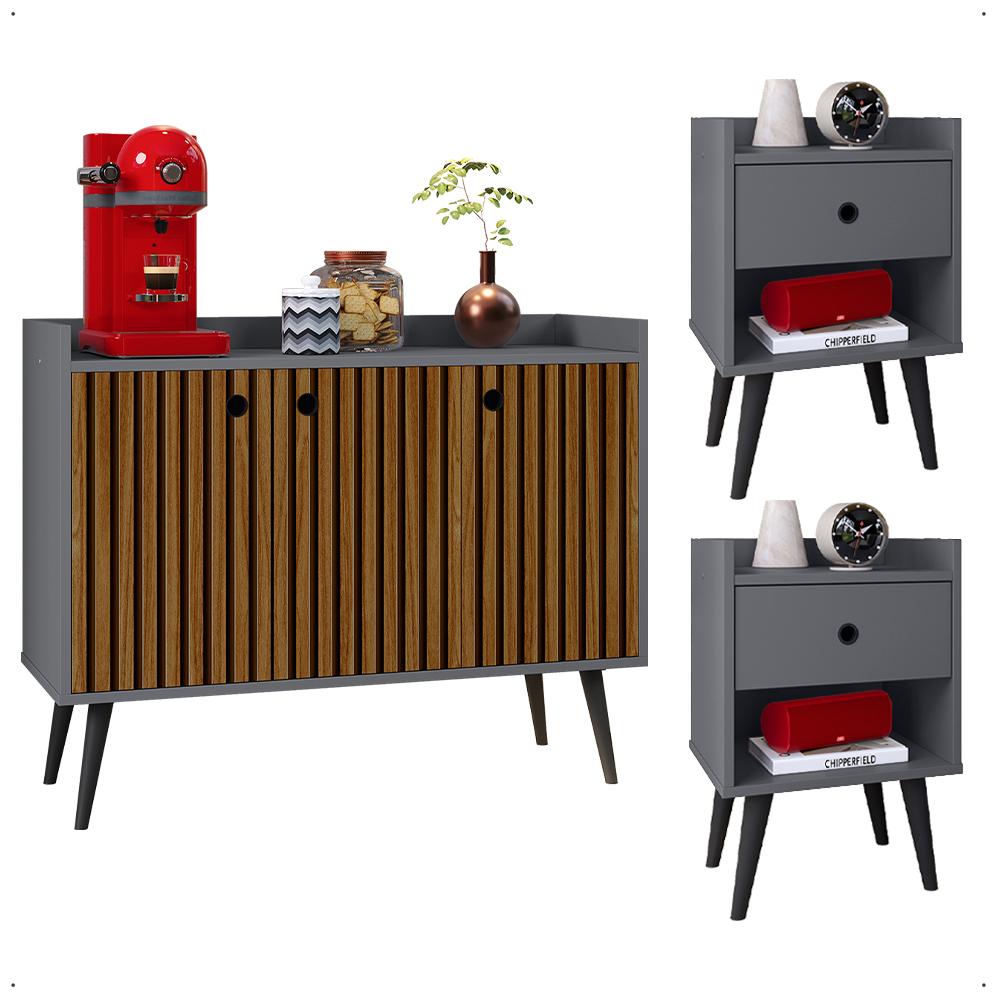 Kit 2 Mesas Cabeceira Decore Mesinha Gaveta Nicho Aparador Buffet Wood New Cinza/Ripado Retrô Pés Palito - Lojas RPM
