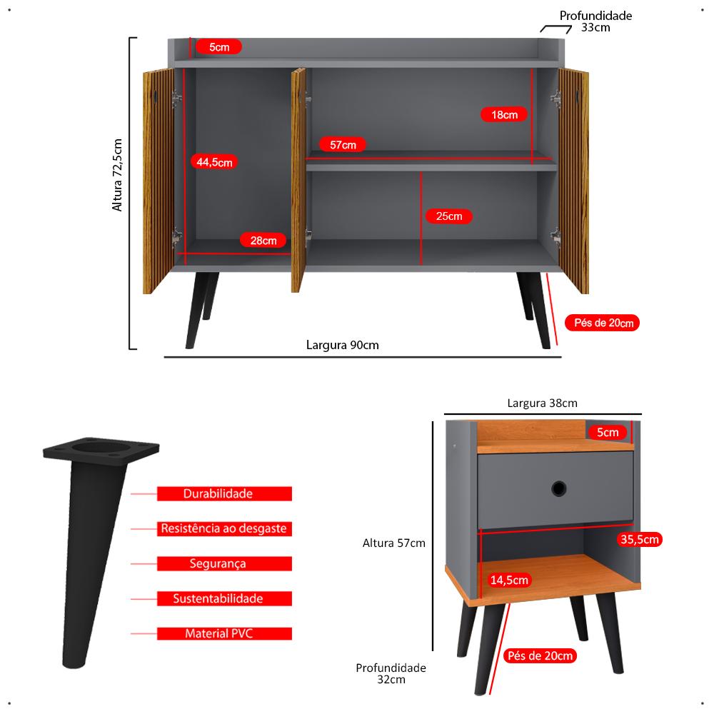 Kit 2 Mesas Cabeceira Decore Mesinha Gaveta Nicho Aparador Buffet Wood New Cinza/Ripado Retrô Pés Palito - Lojas RPM