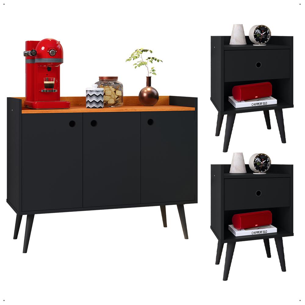 Kit 2 Mesas Cabeceira Decore Mesinha Gaveta Nicho Aparador Buffet Wood New Preto Retrô Pés Palito - Lojas RPM