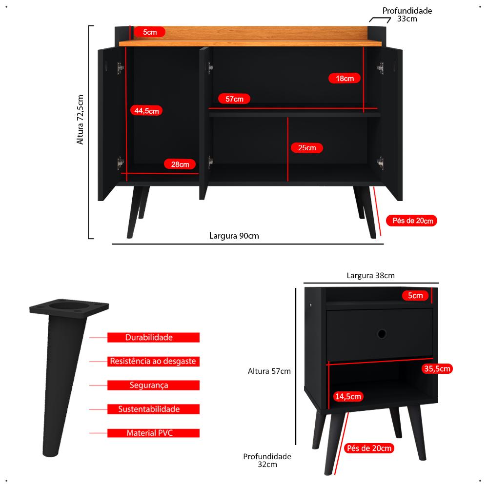 Kit 2 Mesas Cabeceira Decore Mesinha Gaveta Nicho Aparador Buffet Wood New Preto Retrô Pés Palito - Lojas RPM