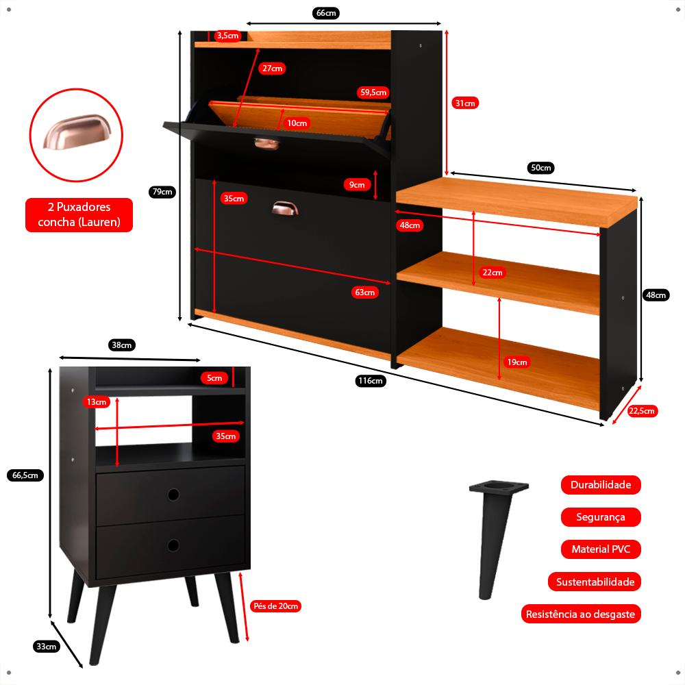 Kit 2 Mesas Cabeceira Dream Preto Mesinha Lateral Cama Sapateira Vertical Milano Banquinho Organizador Quarto Cinamomo - Lojas RPM