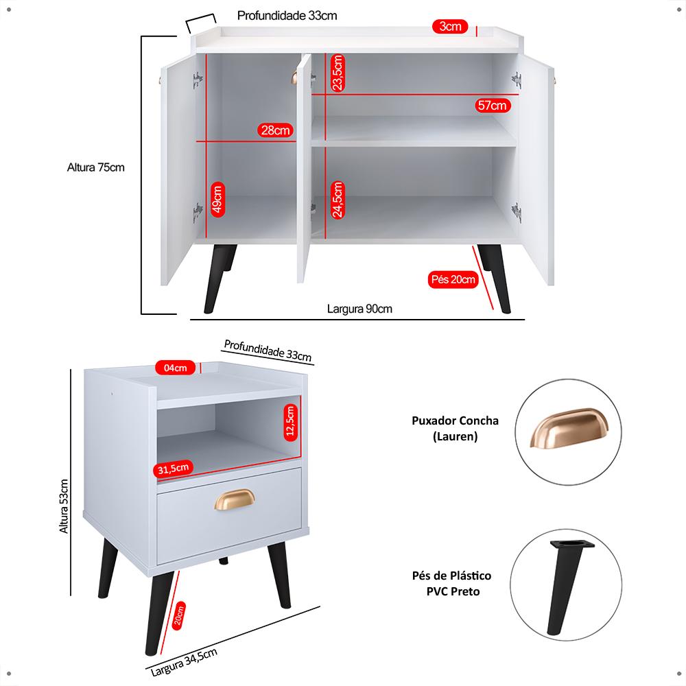 Kit 2 Mesas Cabeceira Estilo Mesinha Quarto Aparador Buffet Truzzi Puxador Concha Pés Palito Retrô Cozinha Sala Jantar Branco - Lojas RPM