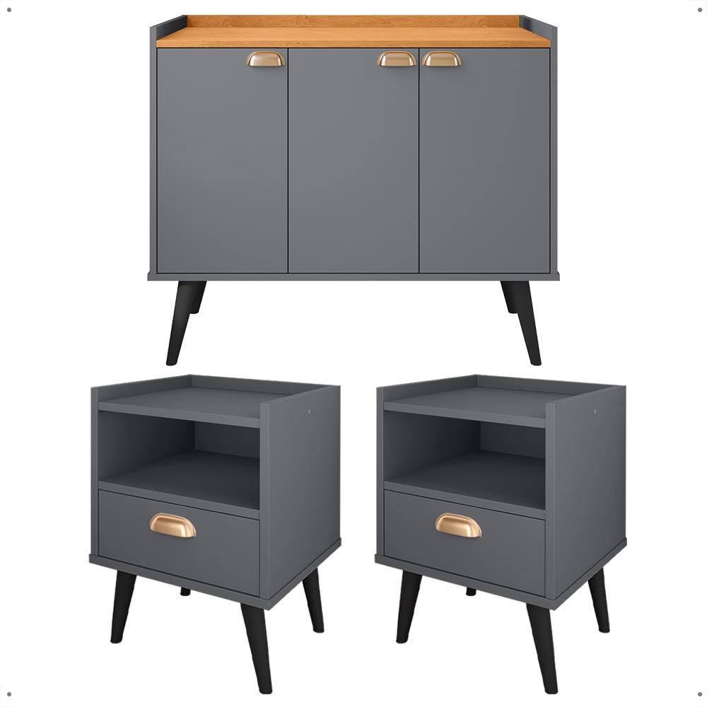 Kit 2 Mesas Cabeceira Estilo Mesinha Quarto Aparador Buffet Truzzi Puxador Concha Pés Palito Retrô Cozinha Sala Jantar Cinza/Cinamomo - Lojas RPM