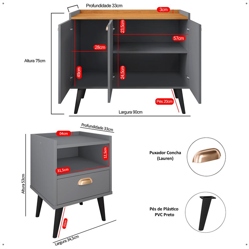 Kit 2 Mesas Cabeceira Estilo Mesinha Quarto Aparador Buffet Truzzi Puxador Concha Pés Palito Retrô Cozinha Sala Jantar Cinza/Cinamomo - Lojas RPM