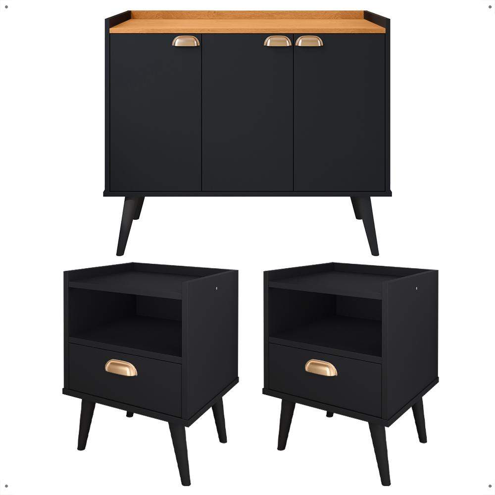 Kit 2 Mesas Cabeceira Estilo Mesinha Quarto Aparador Buffet Truzzi Puxador Concha Pés Palito Retrô Cozinha Sala Jantar Preto/Cinamomo - Lojas RPM