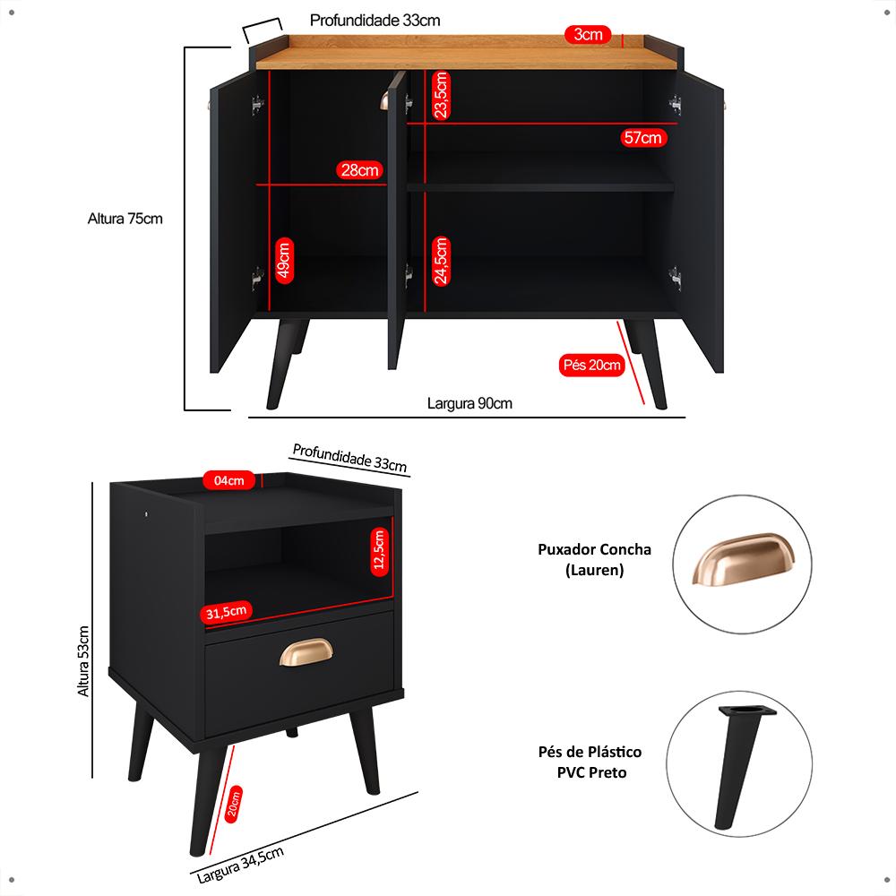 Kit 2 Mesas Cabeceira Estilo Mesinha Quarto Aparador Buffet Truzzi Puxador Concha Pés Palito Retrô Cozinha Sala Jantar Preto/Cinamomo - Lojas RPM
