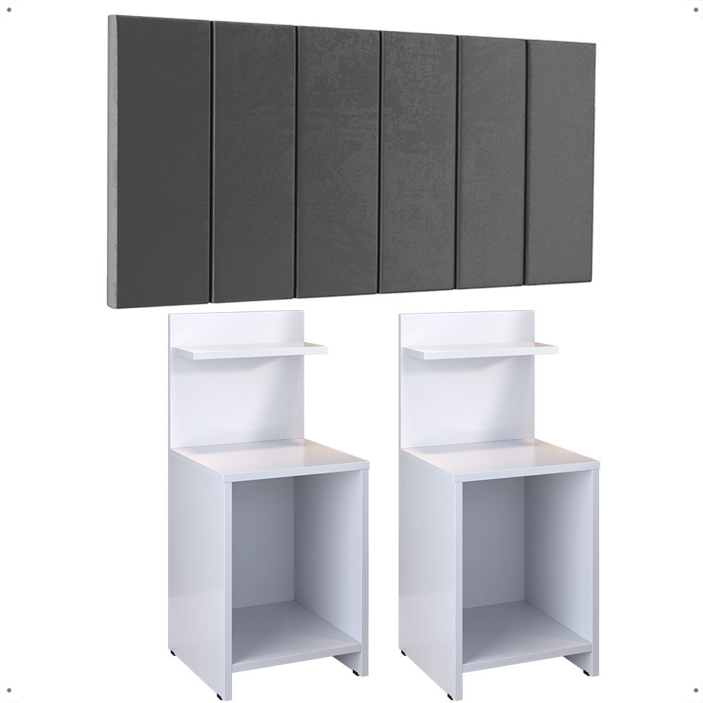 Kit 2 Mesas Cabeceira Fantasy Branco Mesinha Organizadora Prateleira Painel Suspenso Cama Box Queen Size 1,60 Cinza Suede - Lojas RPM