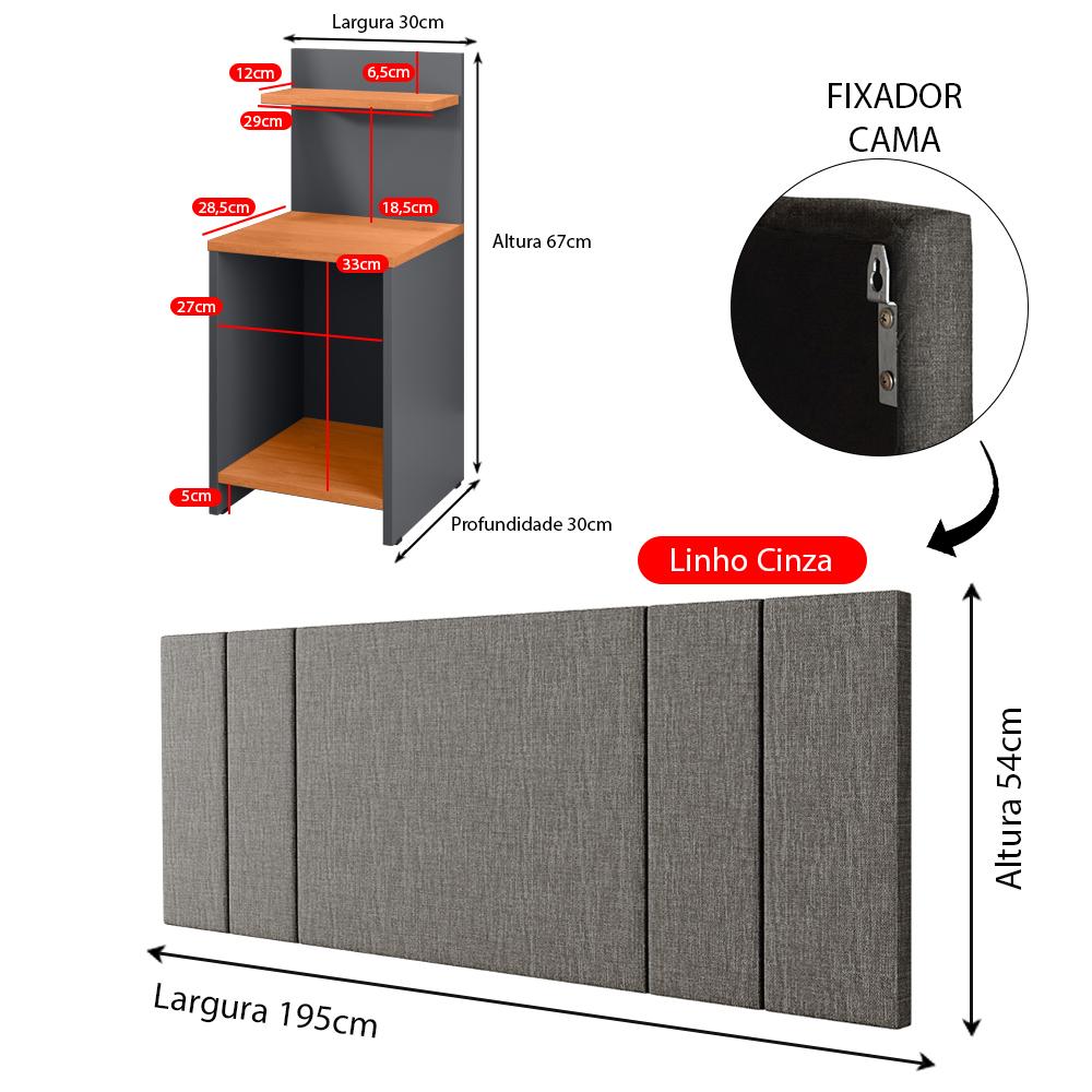 Kit 2 Mesas Cabeceira Fantasy Cinza/Cinamomo Prateleira Nicho Mesinha Pequena Painel Suspenso Luana Linho 1,95 Cama Box King Size Quarto - Lojas RPM