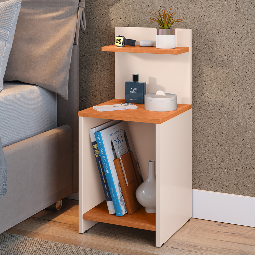 Kit 2 Mesas Cabeceira Fantasy Off White/Cinamomo Mesinha Organizadora Prateleira Painel Suspenso Cama Box Queen Size 1,60 Bege Suede - Lojas RPM