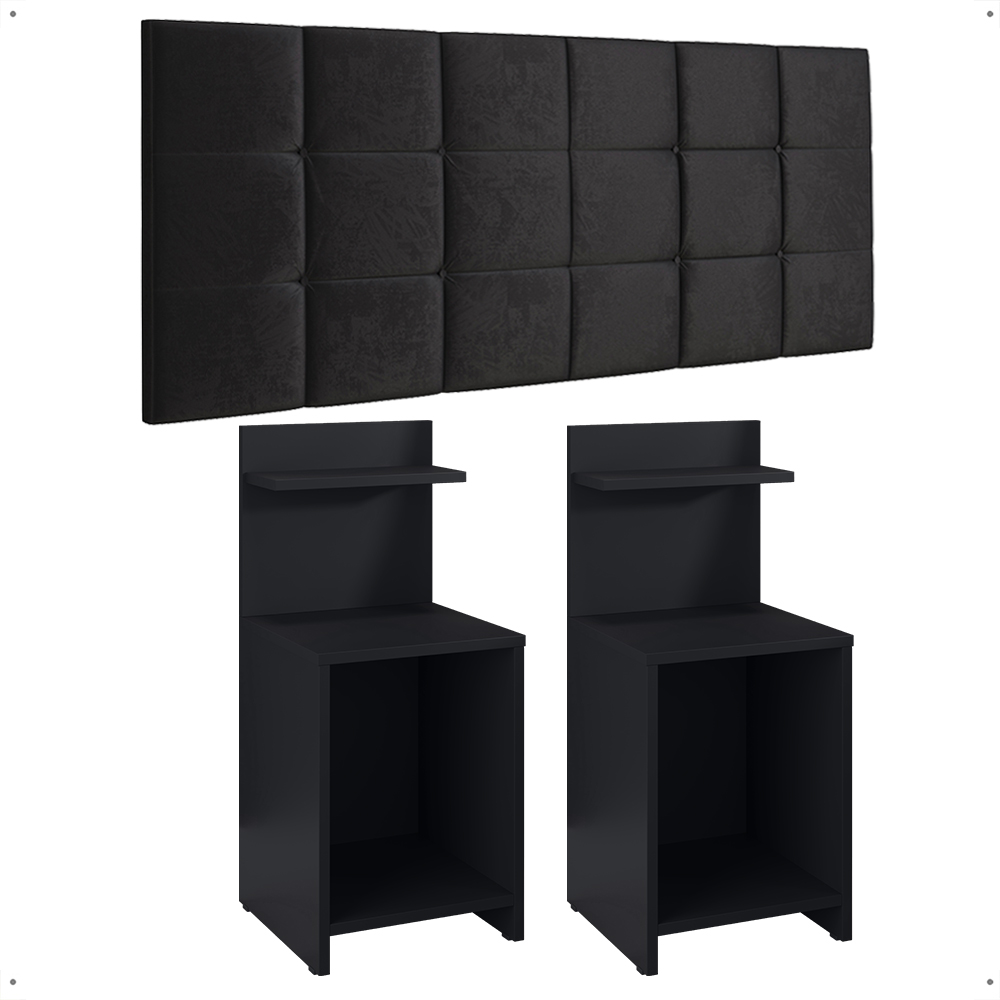 Kit 2 Mesas Cabeceira Fantasy Preto Prateleira Organizadora Painel Suspenso Bia Estofado Cama Box Queen Size 1,60 Suede - Lojas RPM