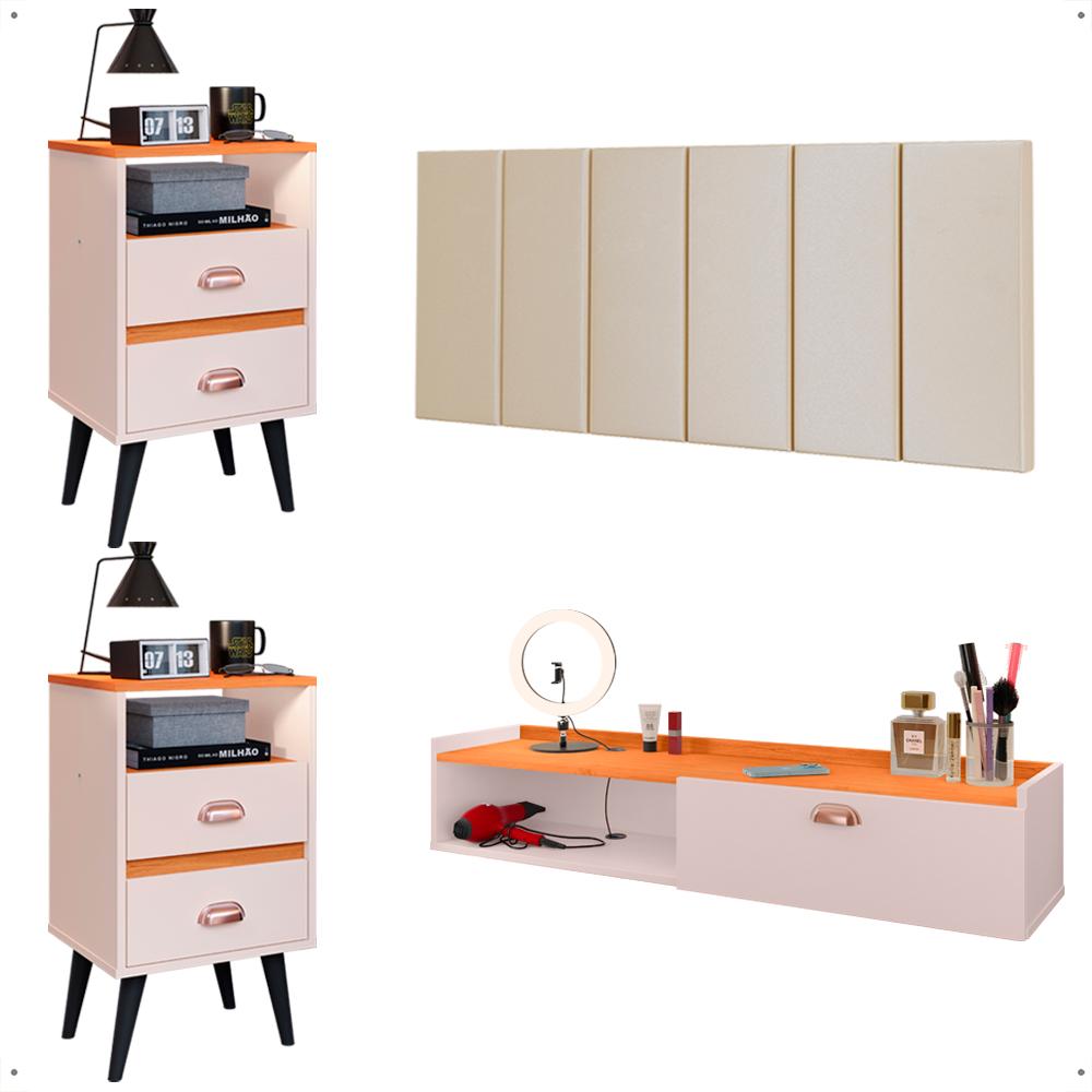 Kit 2 Mesas Cabeceira Penteadeira Suspensa Classic Off White/Cinamomo Cabeceira Júlia 1,60 Cama Box Queen Size Areia Suede - Lojas RPM