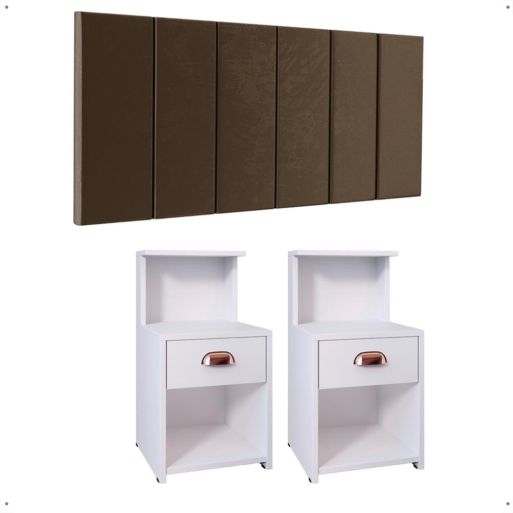 Kit 2 Mesas Gaveta Nicho Prateleira Retrô Cléo Branco Cabeceira Estofada Júlia Suede Cama King Size 1,95 Marrom Quarto - RPM