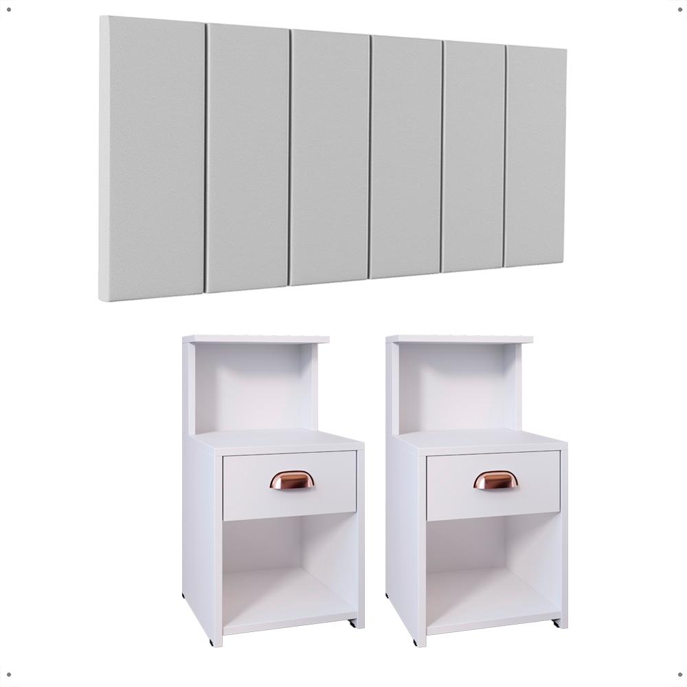 Kit 2 Mesas Gaveta Nicho Prateleira Retrô Cléo Cabeceira Estofada Júlia Corino Cama King Size 1,95 Branco Quarto - RPM