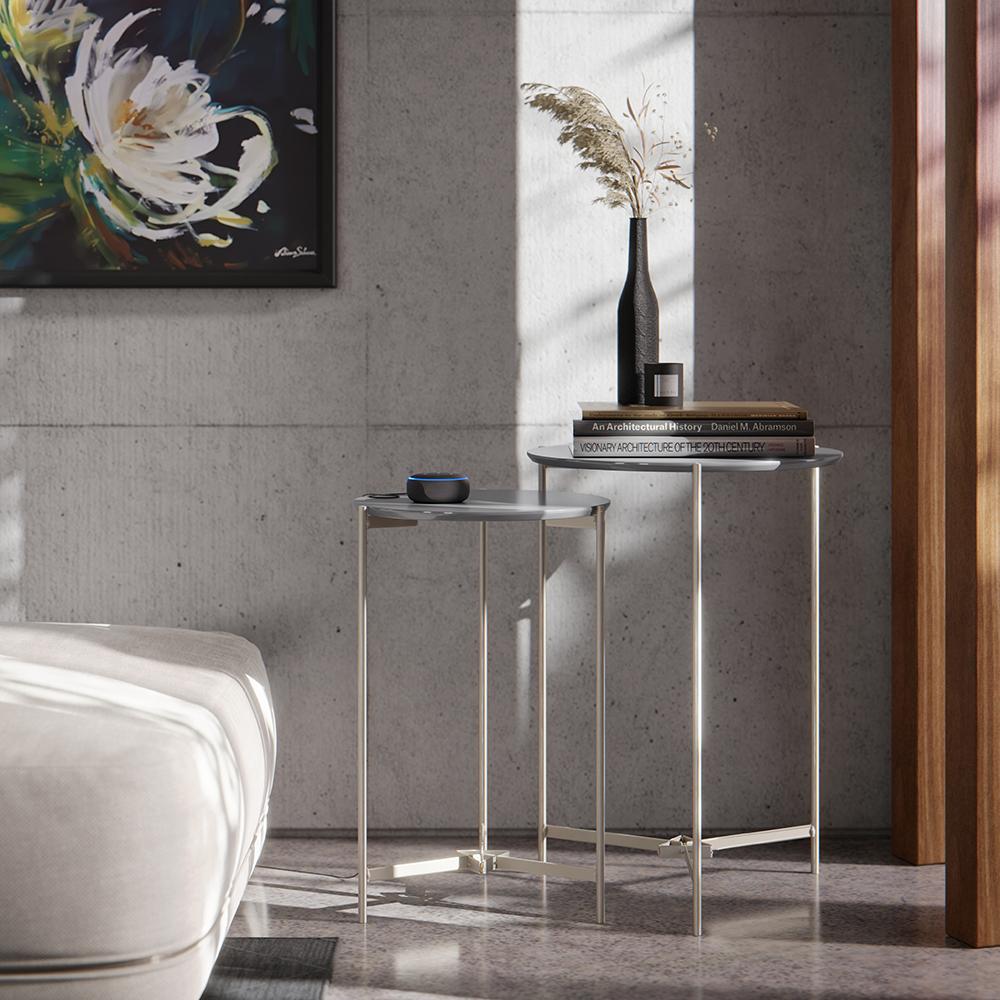 Kit 2 Mesas Laterais Sofá Industrial Redonda Mesinhas Canto Prisma Tampo MDF Apoio Aparador Objeto Pés Ferro Sala Quarto - Cinza - RPM
