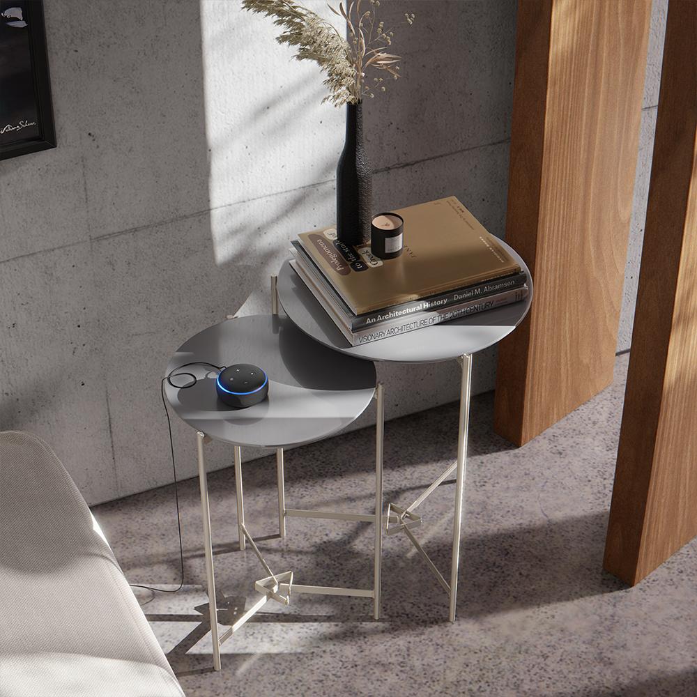 Kit 2 Mesas Laterais Sofá Industrial Redonda Mesinhas Canto Prisma Tampo MDF Apoio Aparador Objeto Pés Ferro Sala Quarto - Cinza - RPM
