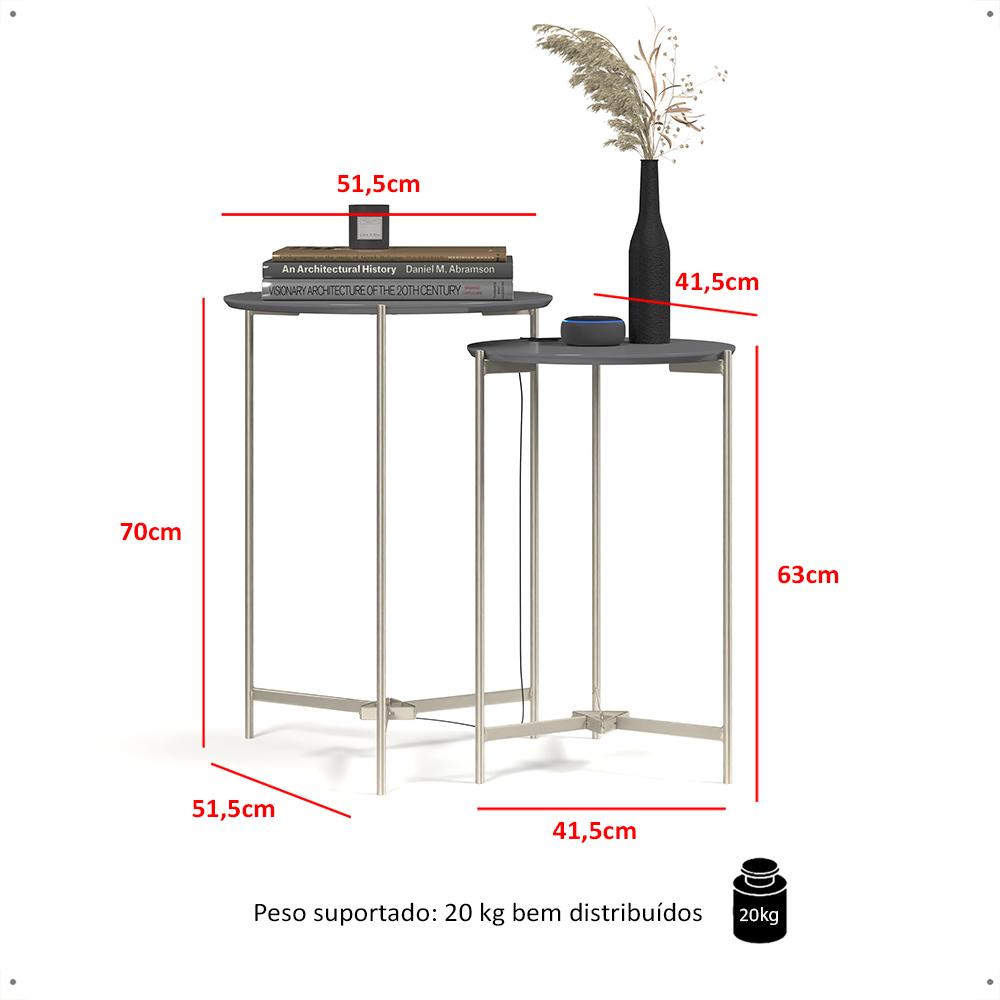 Kit 2 Mesas Laterais Sofá Industrial Redonda Mesinhas Canto Prisma Tampo MDF Apoio Aparador Objeto Pés Ferro Sala Quarto - Cinza - RPM
