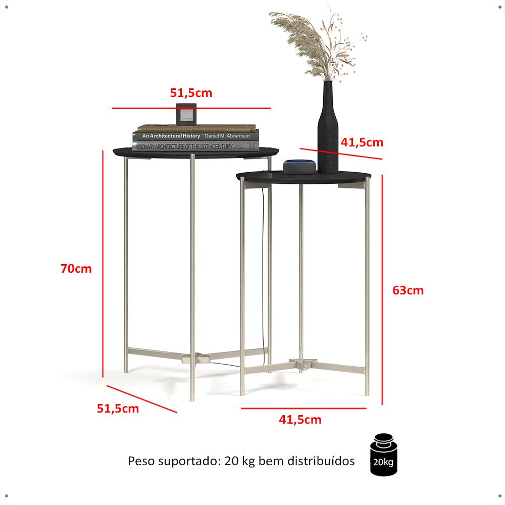 Kit 2 Mesas Laterais Sofá Industrial Redonda Mesinhas Canto Prisma Tampo MDF Apoio Aparador Objeto Pés Ferro Sala Quarto - Preto - RPM