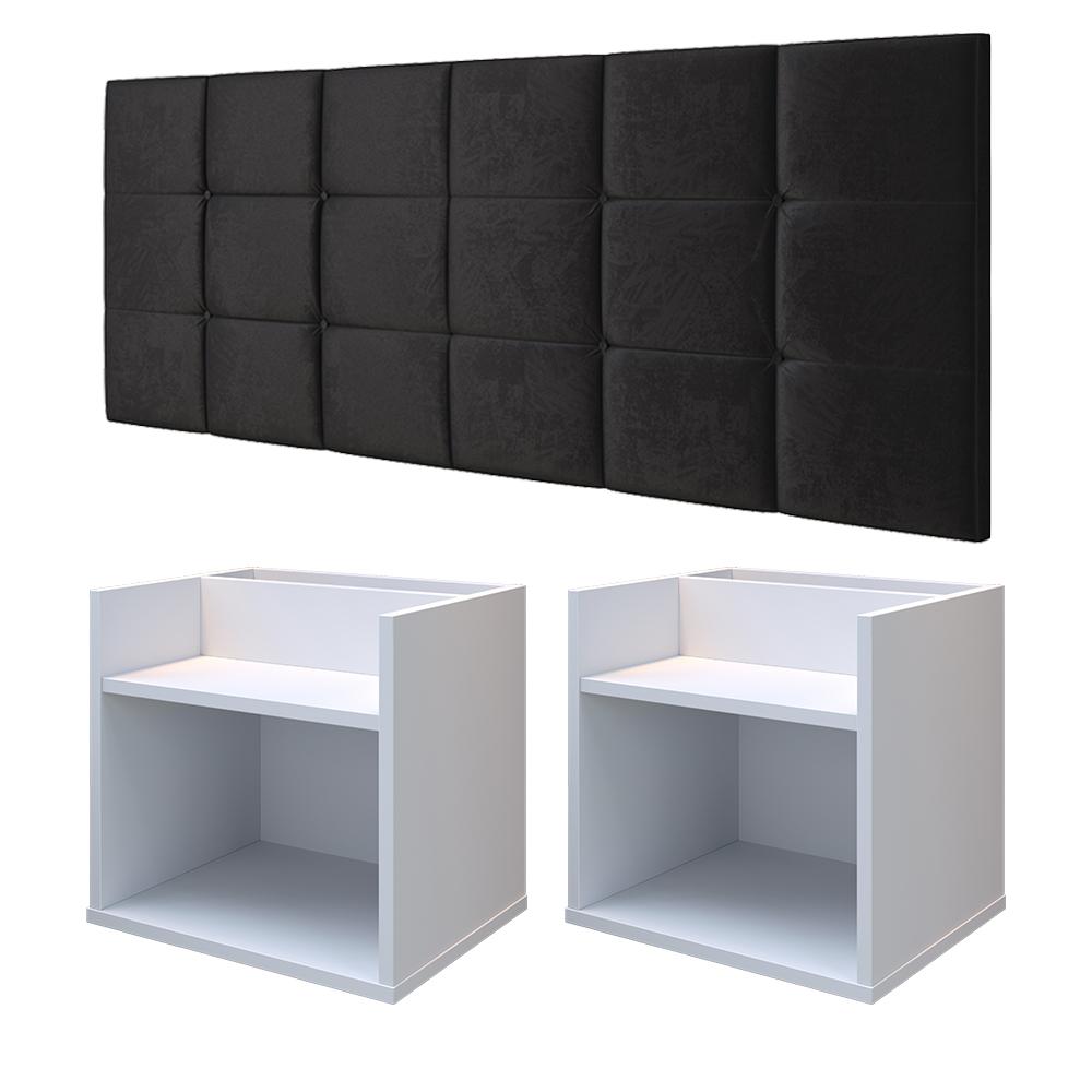 Kit 2 Mesas Suspensa Madri Branco Nicho Aparador Lateral Cabeceira Bia 1,60 Painel Cama Box Queen Size Preto Suede Quarto