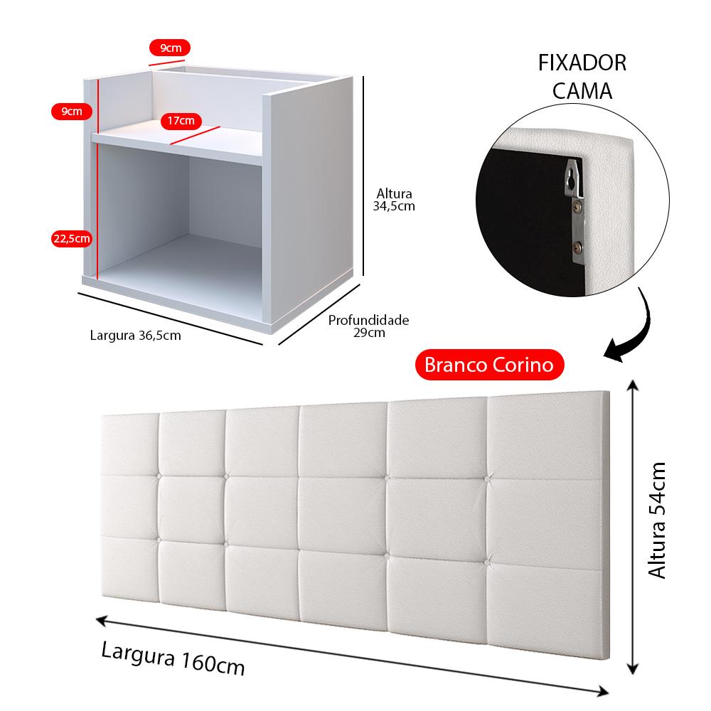 Kit 2 Mesas Suspensa Madri Nicho Aparador Lateral Cabeceira Bia 1,60 Painel Cama Box Queen Size Quarto - Branco