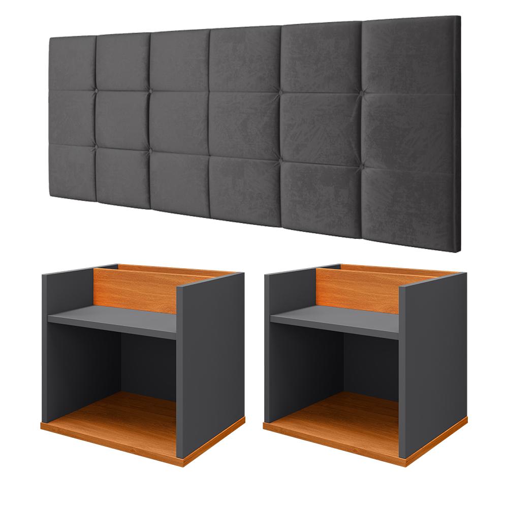 Kit 2 Mesas Suspensa Madri Nicho Aparador Lateral Cabeceira Bia 1,60 Painel Cama Box Queen Size Suede Quarto - Cinza/Cinamomo